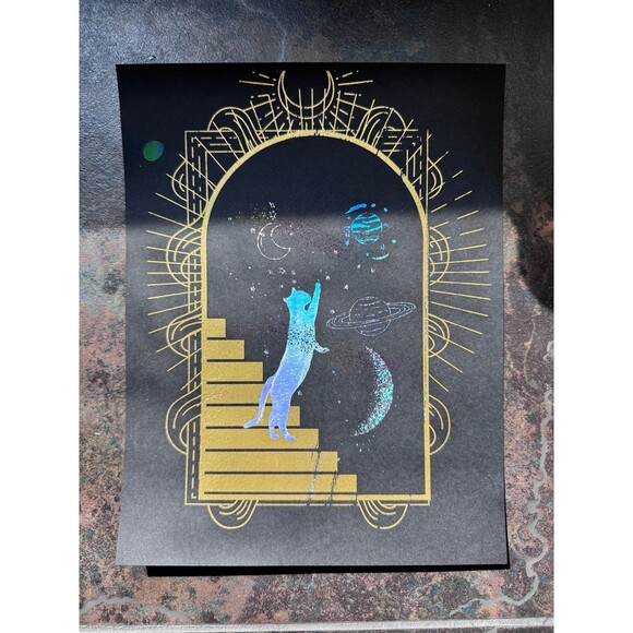 “Curiosity Rift” Cat & Galaxy Portal Foil Art Print (Gold + Holographic Silver) - Picture 2 of 2